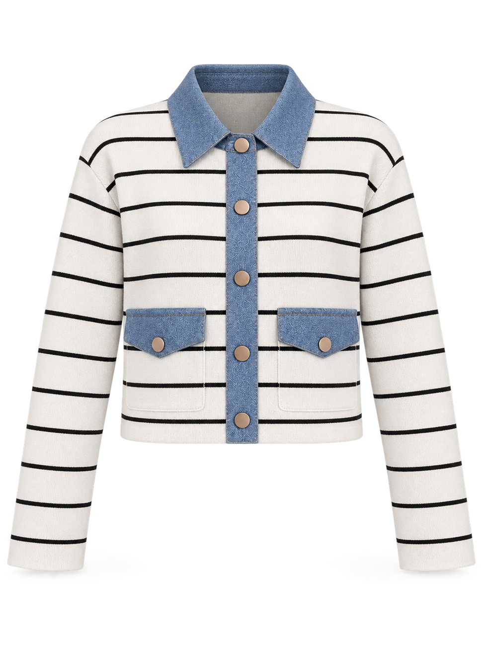 Lüx Kalite Denim Cep Kapak ve Yakalı Çelik Triko Hırka Beyaz 