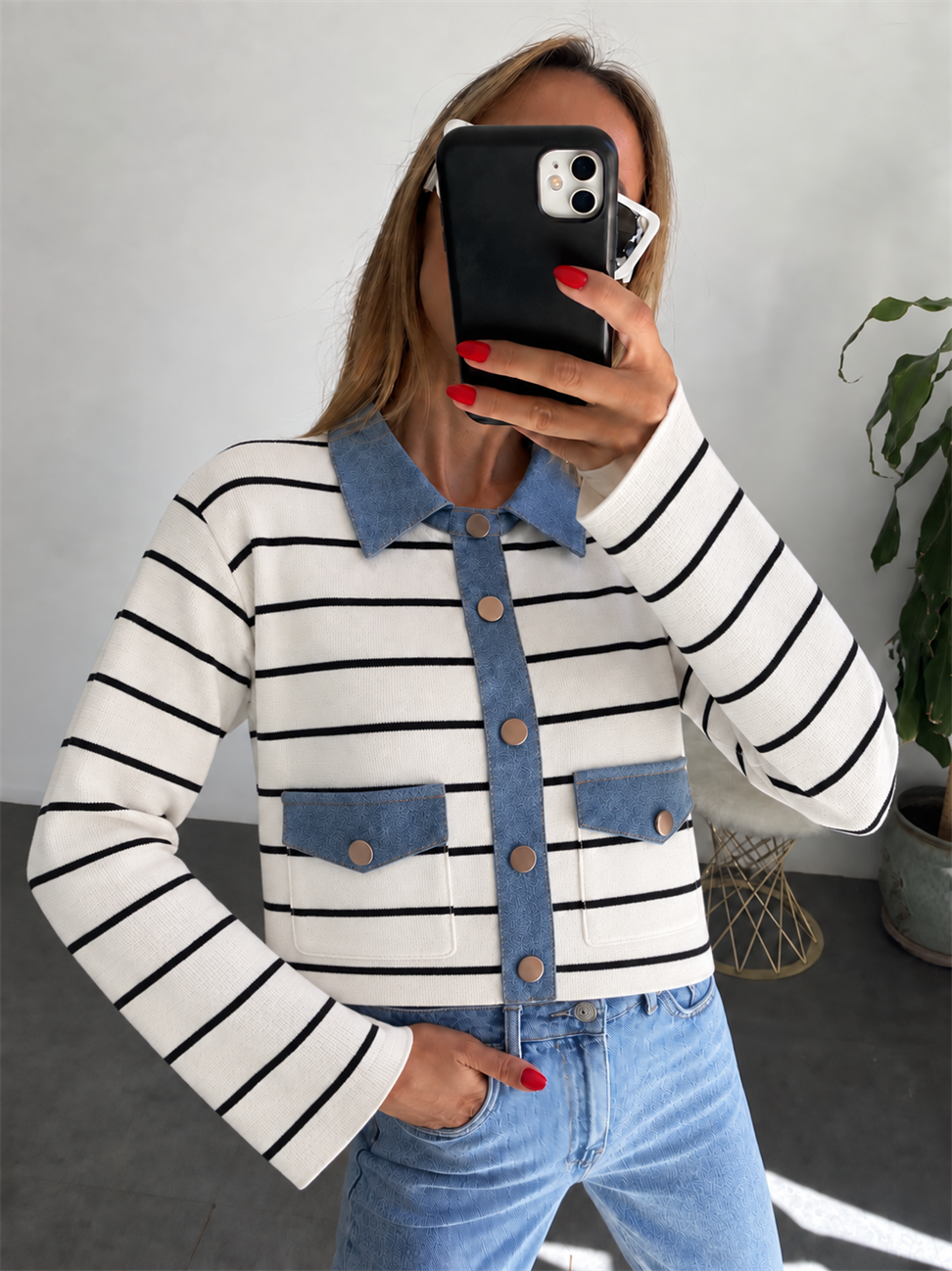 Lüx Kalite Denim Cep Kapak ve Yakalı Çelik Triko Hırka Beyaz 