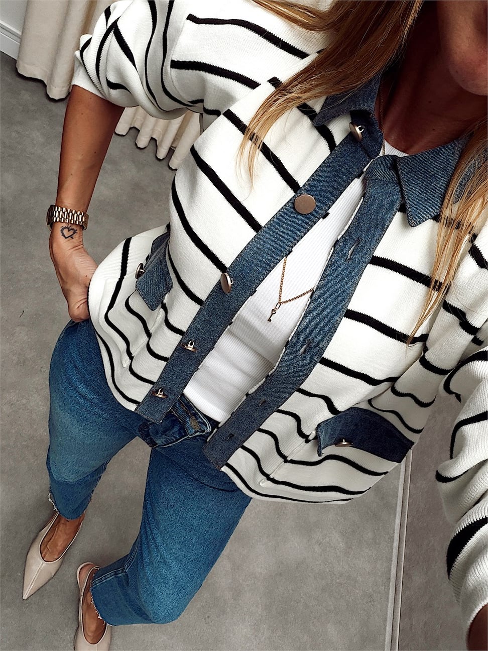 Lüx Kalite Denim Cep Kapak ve Yakalı Çelik Triko Hırka Beyaz 