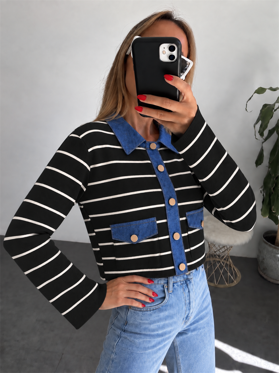 Lüx Kalite Denim Cep Kapak ve Yakalı Çelik Triko Hırka Siyah