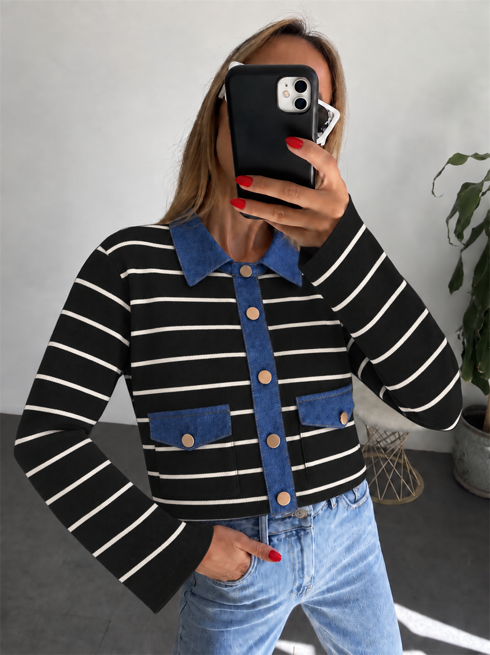 Lüx Kalite Denim Cep Kapak ve Yakalı Çelik Triko Hırka Siyah