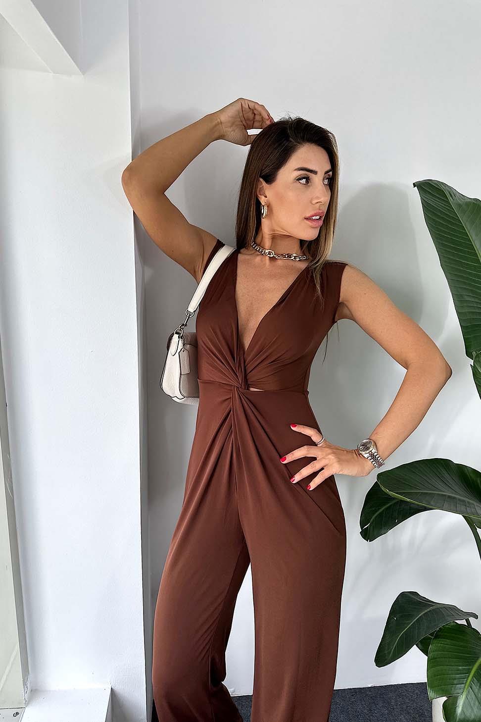 Lüx Kalite Full Likralı Kumaş Sırtı Fermuarlı Kadın Tulum Kahve