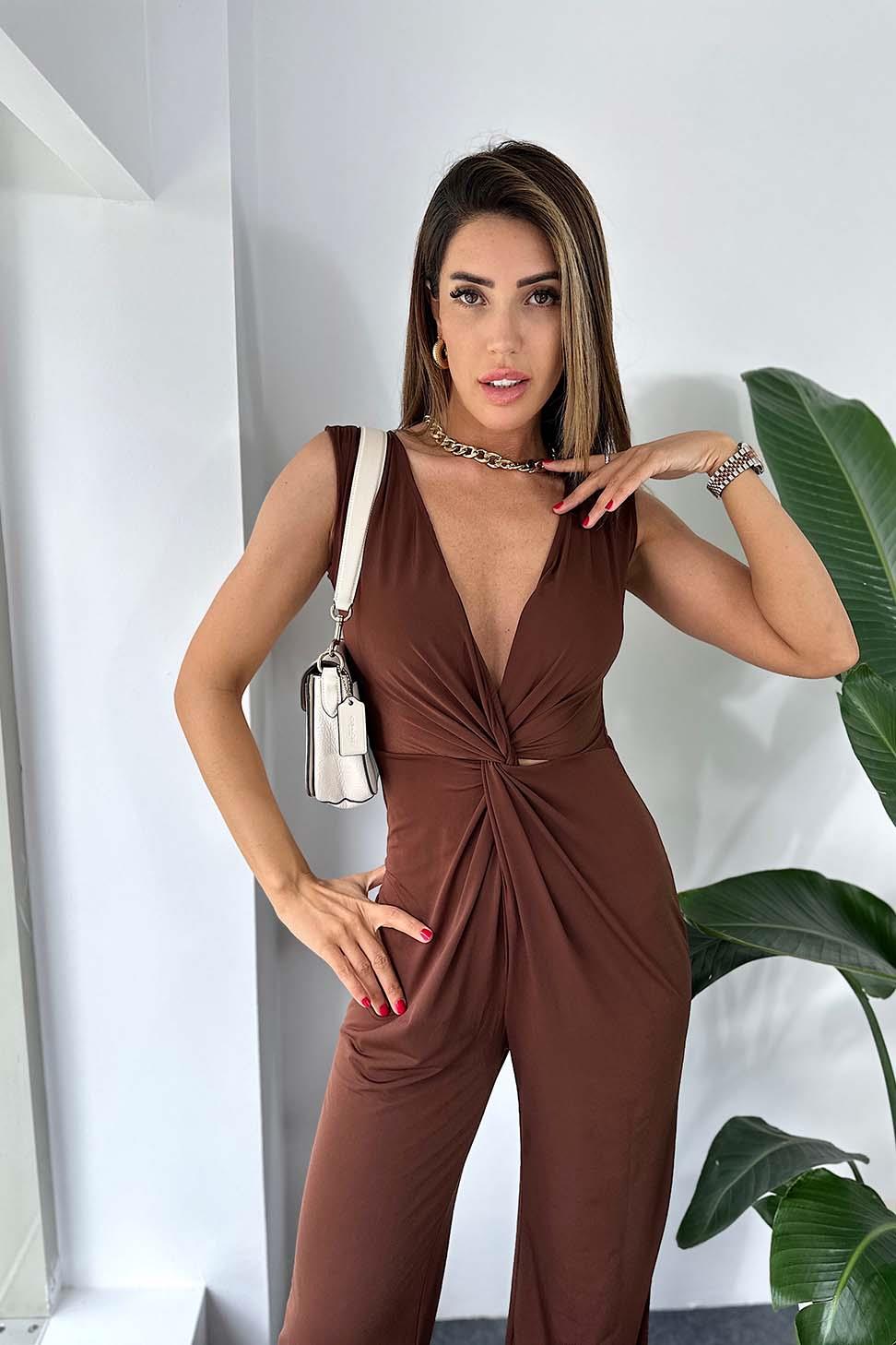 Lüx Kalite Full Likralı Kumaş Sırtı Fermuarlı Kadın Tulum Kahve