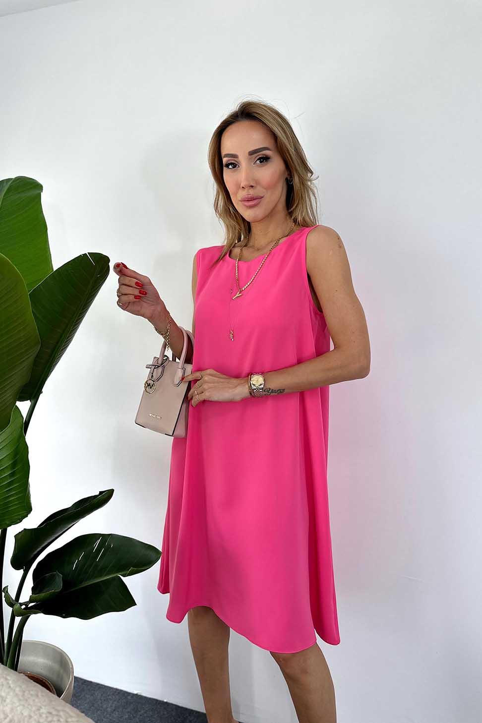 Lüx Kalite Geniş Yaka Salaş Midi Yazlık Elbise Pembe