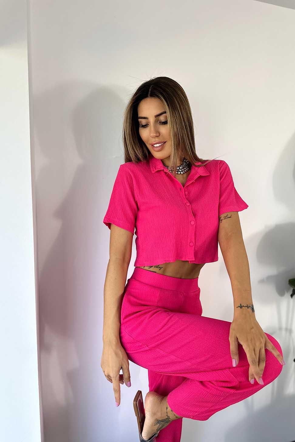 Lüx Kalite Gofre Kumaş Crop Pantolon Salaş Kadın Takım FUŞYA