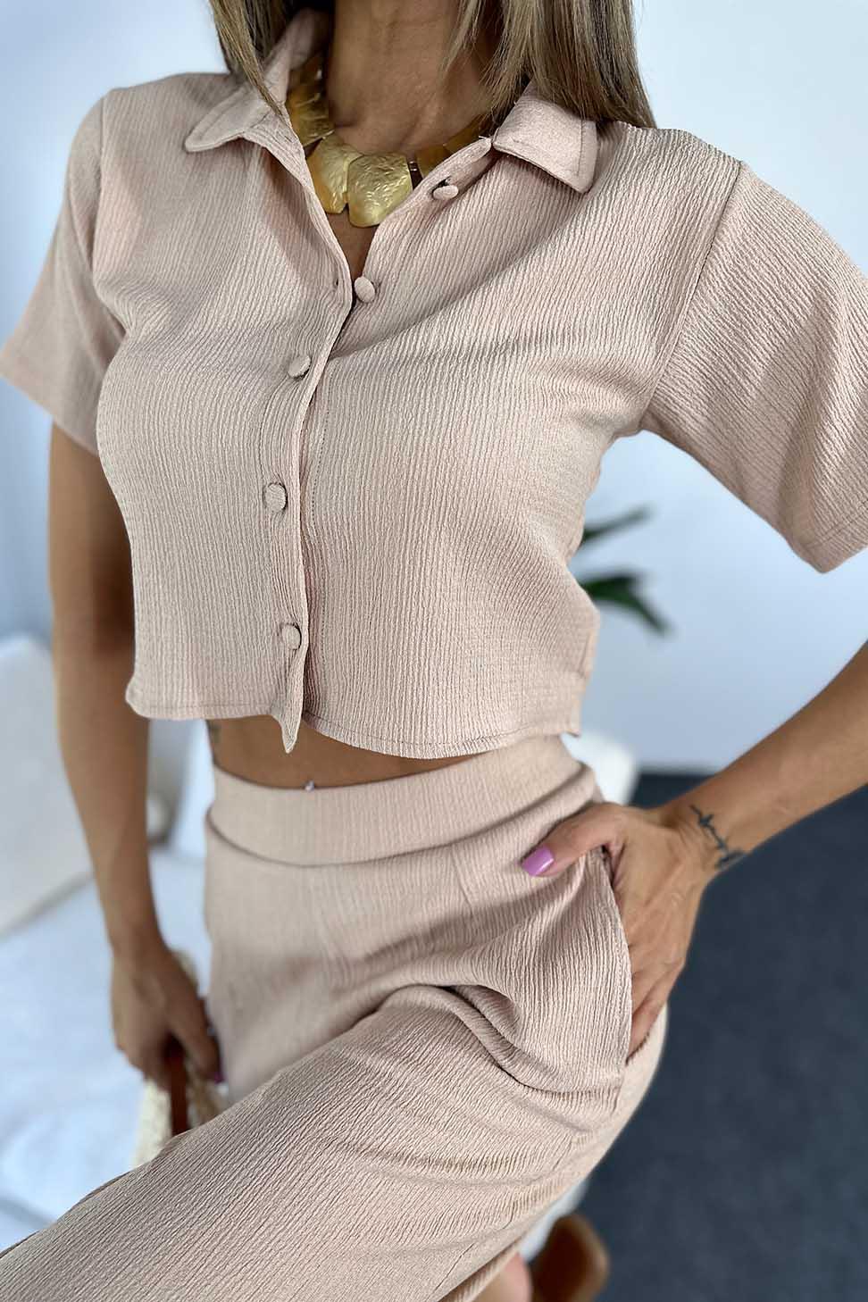 Lüx Kalite Gofre Kumaş Crop Pantolon Salaş Kadın Takım Bej