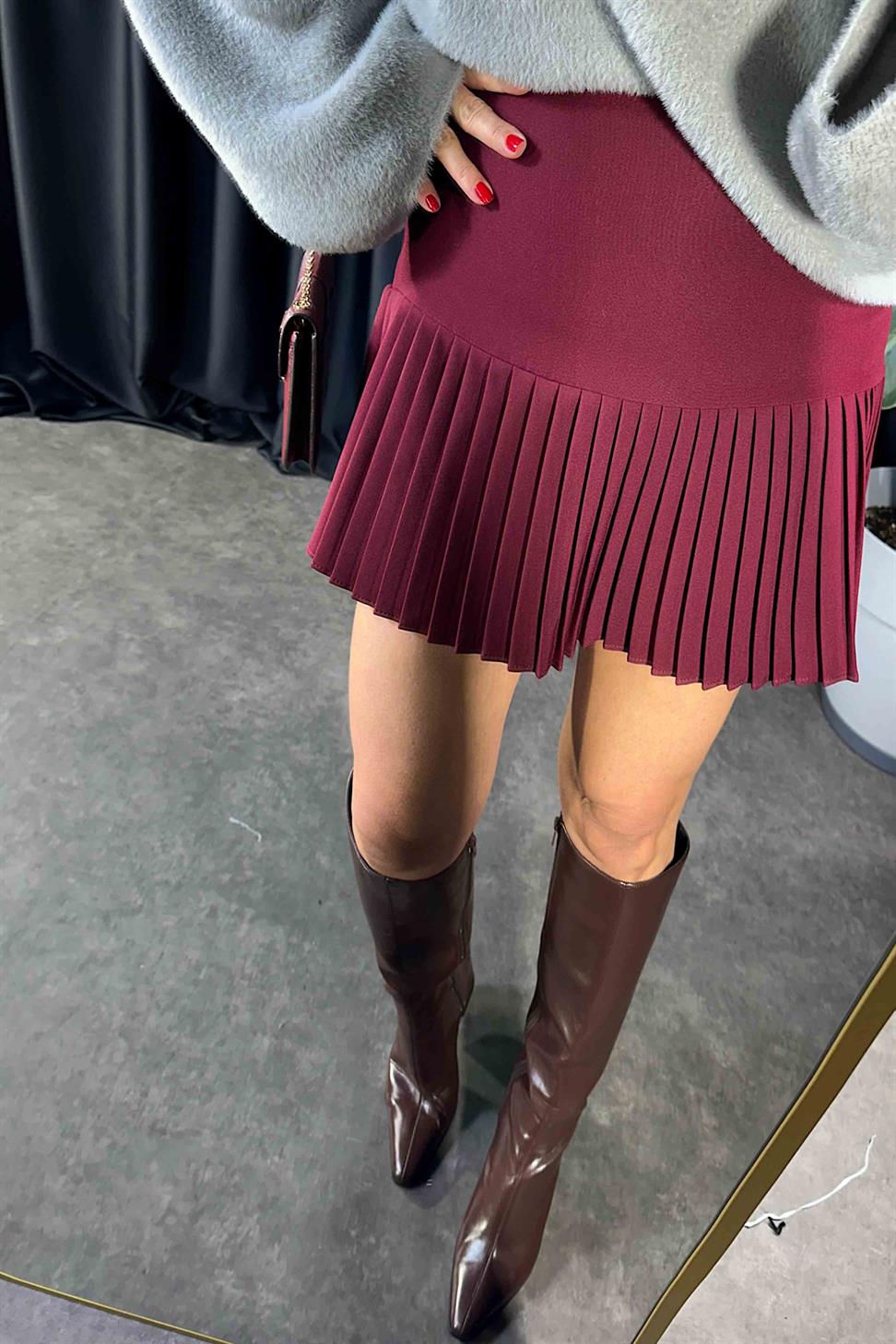 Lüx Kalite Klasik Kumaş Pliseli Etek Bordo
