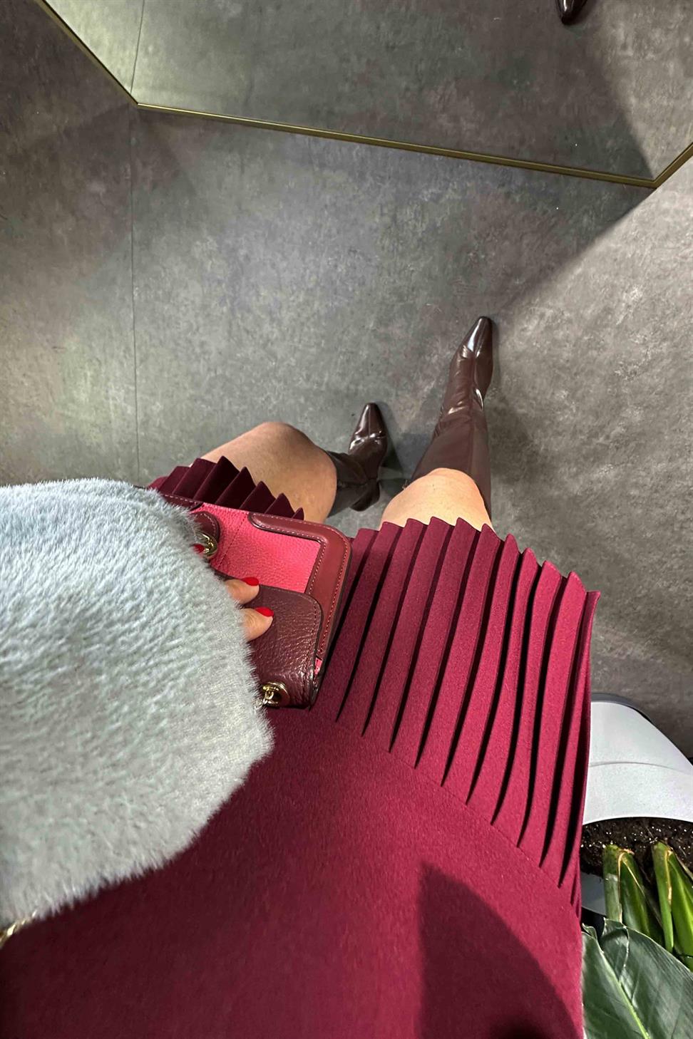 Lüx Kalite Klasik Kumaş Pliseli Etek Bordo