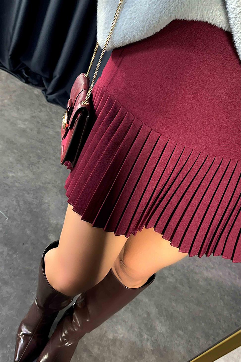 Lüx Kalite Klasik Kumaş Pliseli Etek Bordo
