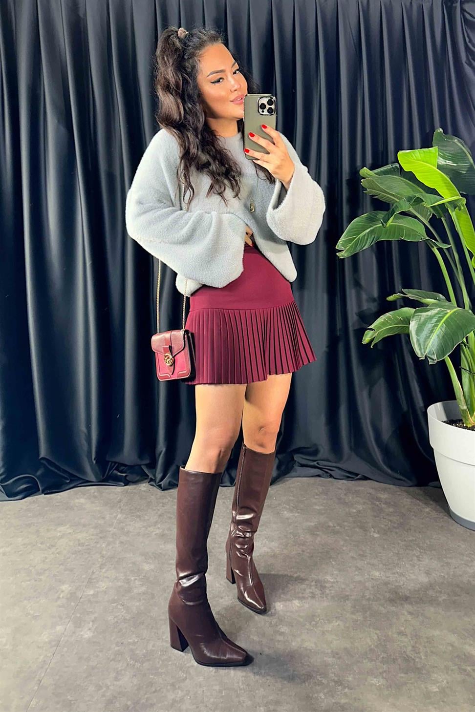 Lüx Kalite Klasik Kumaş Pliseli Etek Bordo