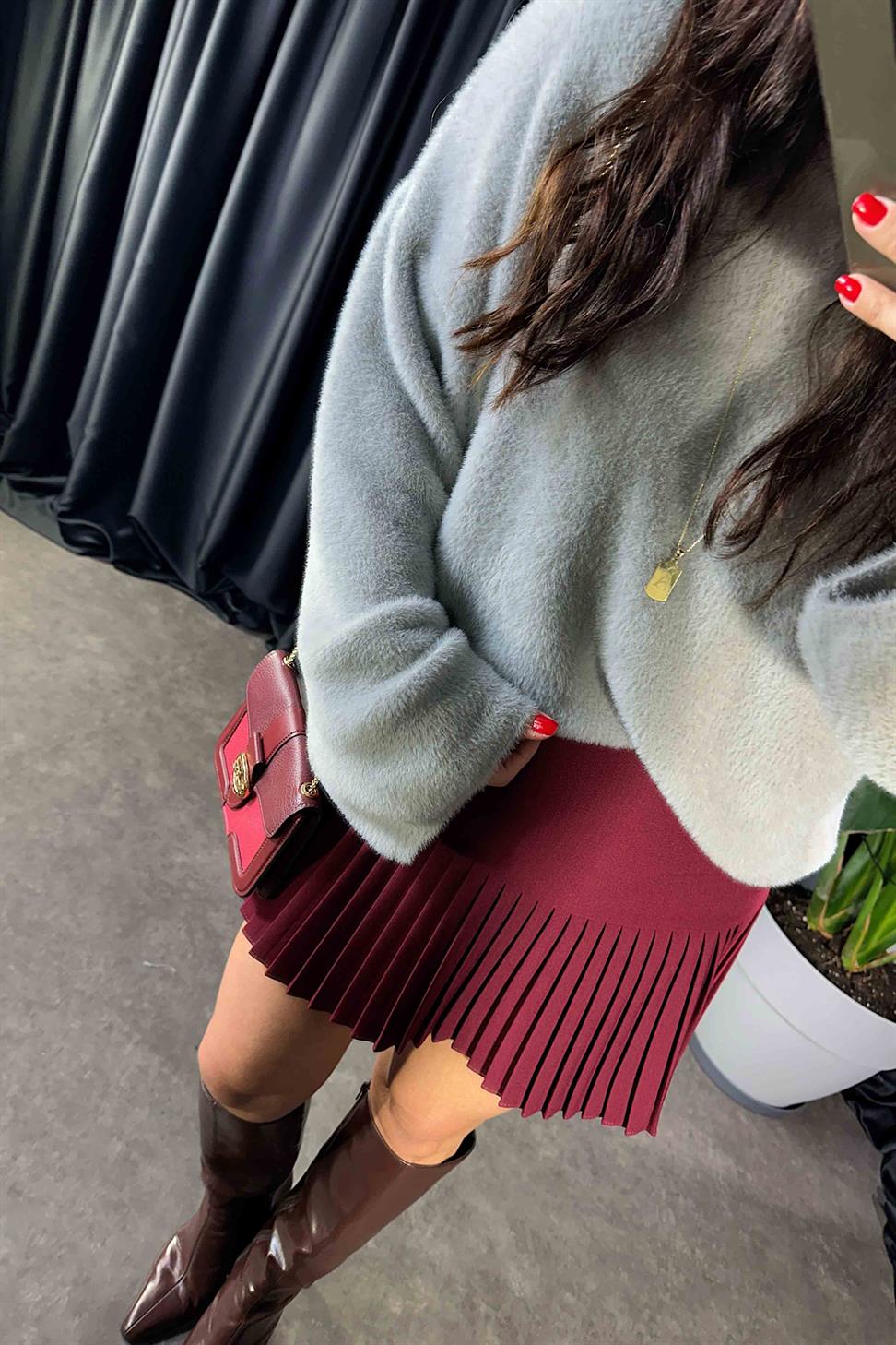 Lüx Kalite Klasik Kumaş Pliseli Etek Bordo