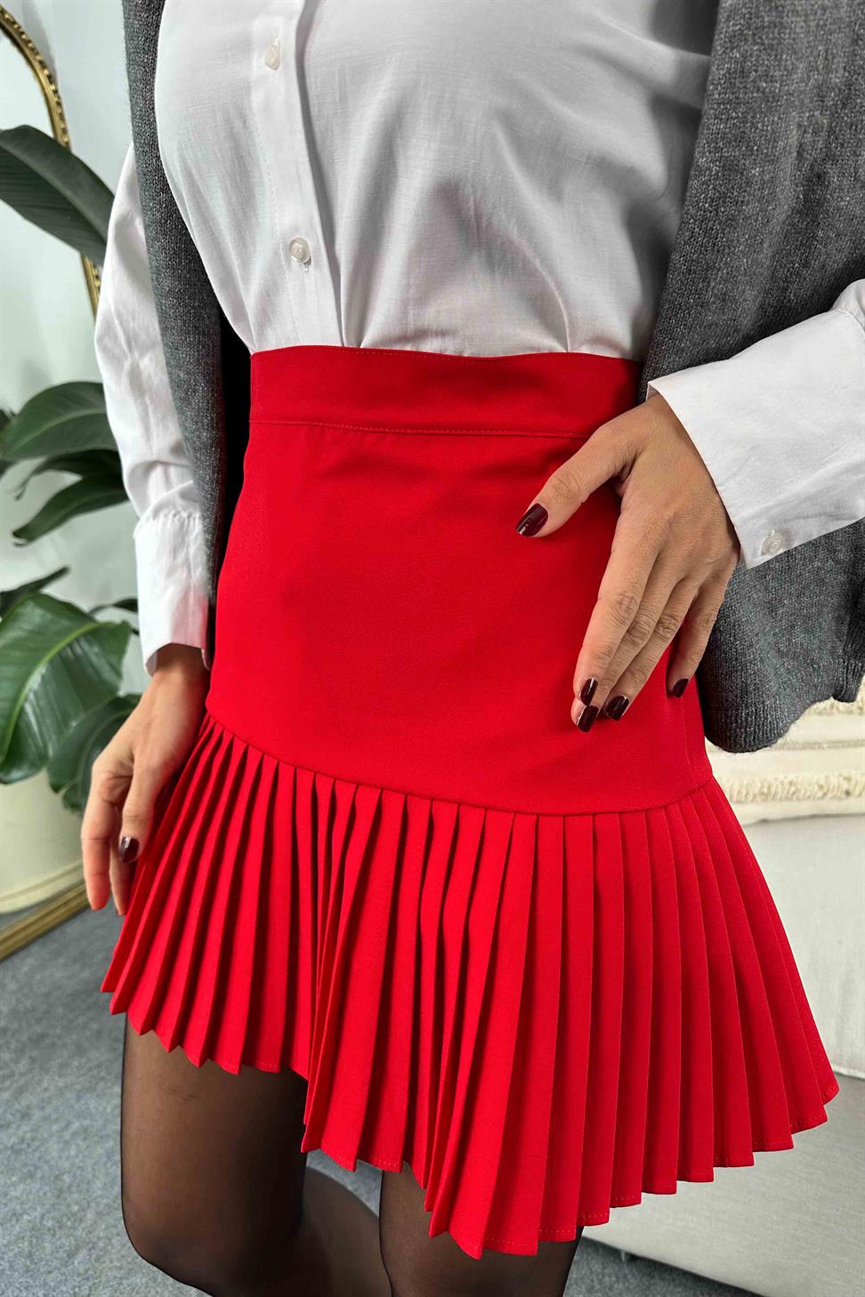 Lüx Kalite Klasik Kumaş Pliseli Etek Kırmızı