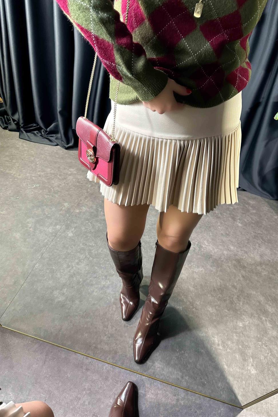 Lüx Kalite Klasik Kumaş Pliseli Etek Krem