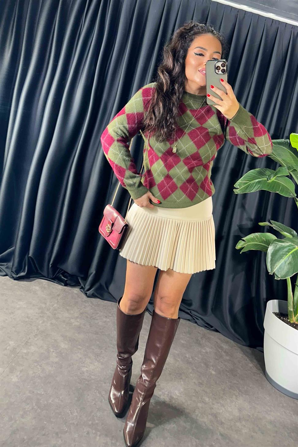 Lüx Kalite Klasik Kumaş Pliseli Etek Krem