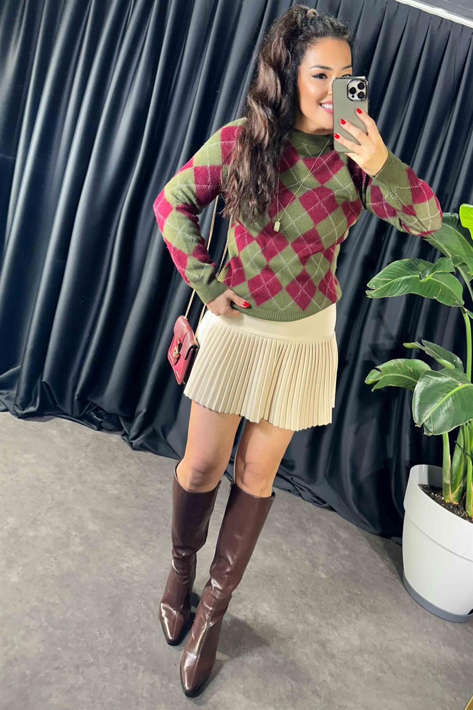 Lüx Kalite Klasik Kumaş Pliseli Etek Krem