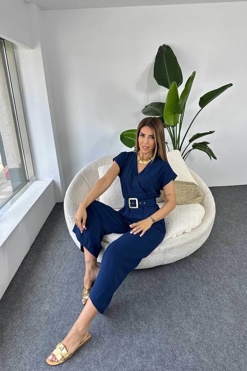 Lüx Kalite Krep Kumaş Kruvaze Yaka Kemerli Kadın Tulum Lacivert