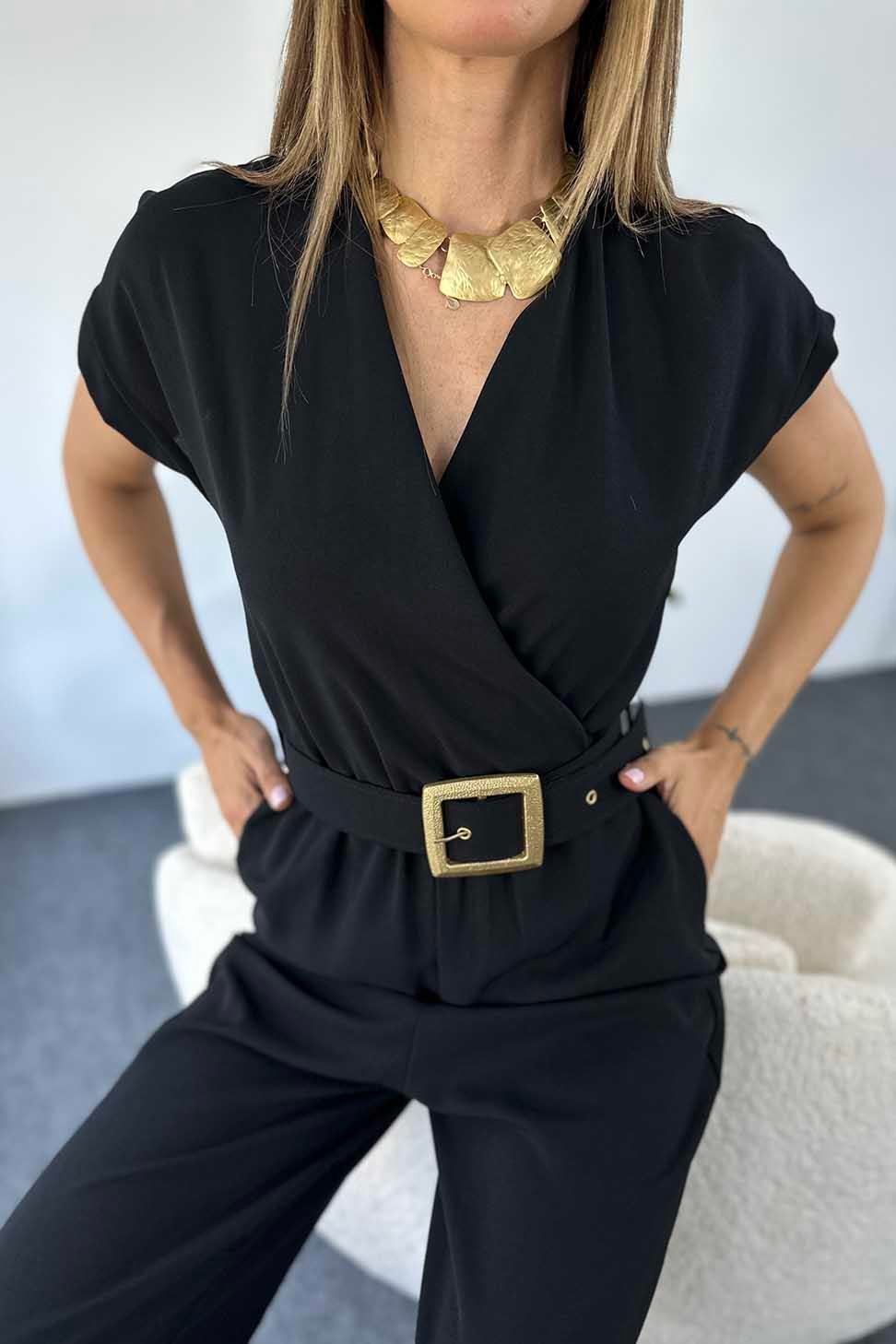 Lüx Kalite Krep Kumaş Kruvaze Yaka Kemerli Kadın Tulum Siyah