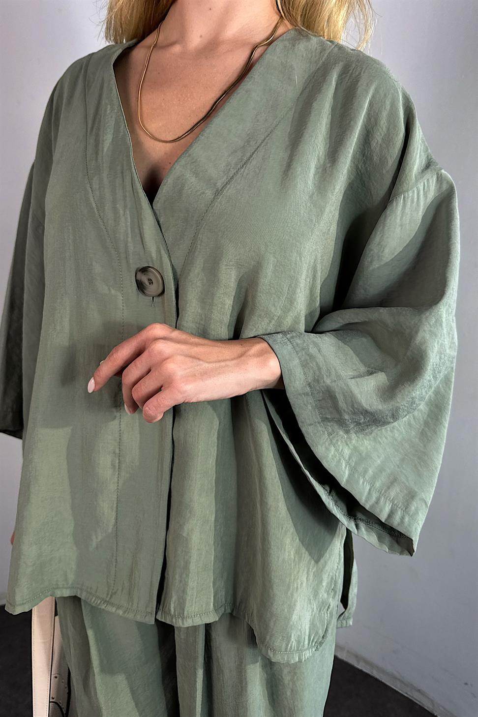 Lüxs Kalite Tasarım Düğme Detaylı Tensel İkili Takım Mint