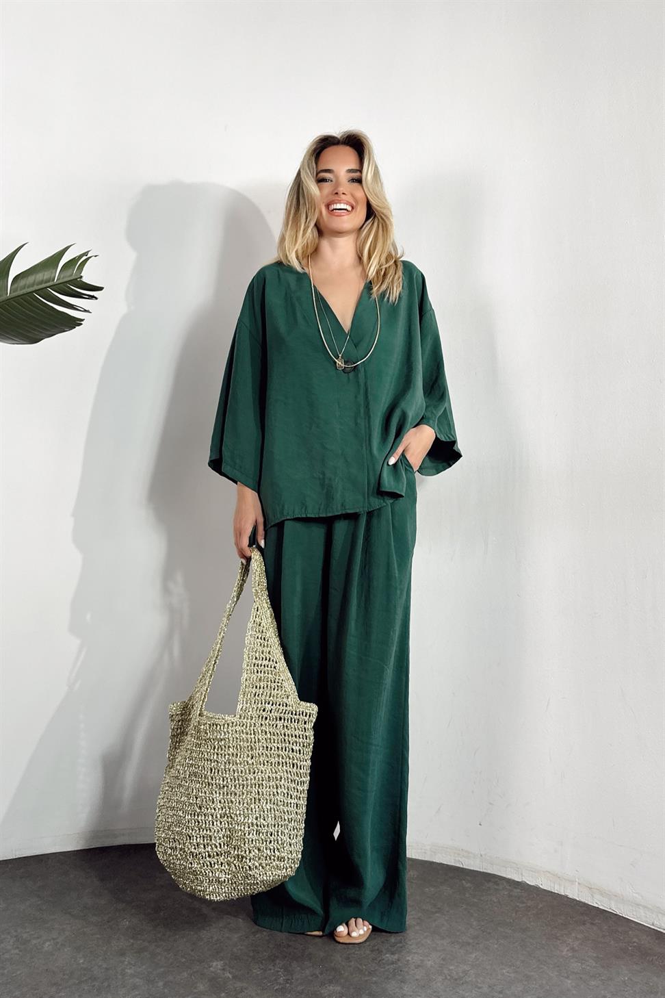 Lüxs Kalite Tasarım Düğme Detaylı Tensel İkili Takım Zümrüt