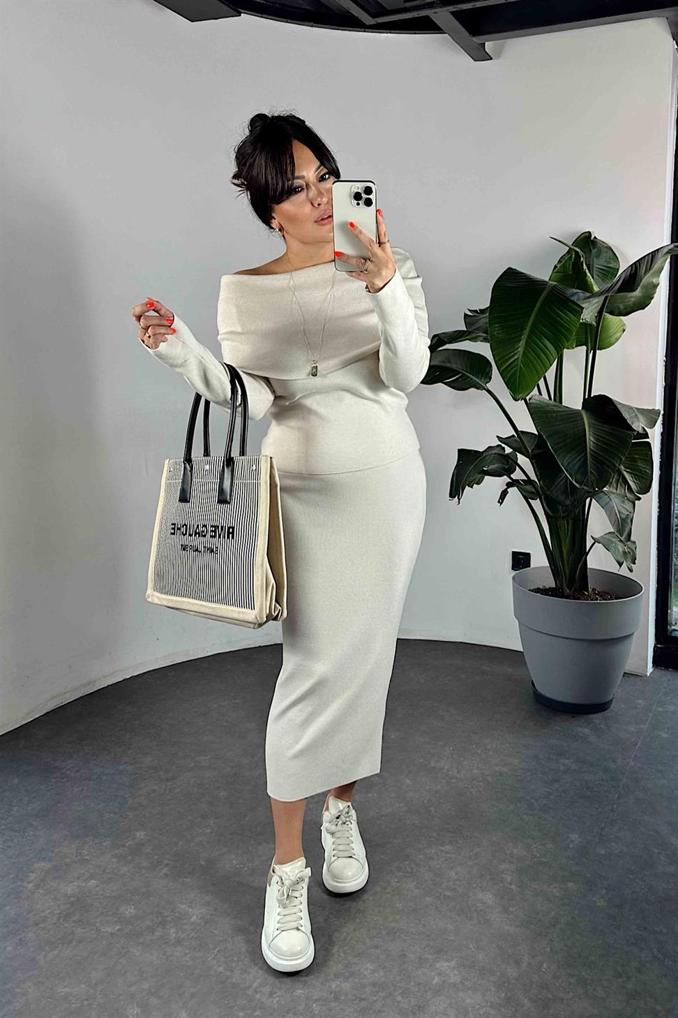 Madonna Yaka Triko Kadın İkili Takım Taş