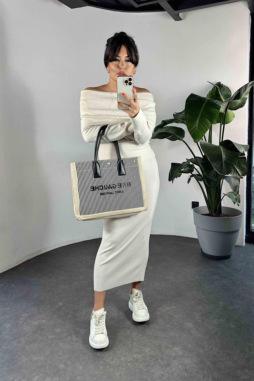 Madonna Yaka Triko Kadın İkili Takım Taş