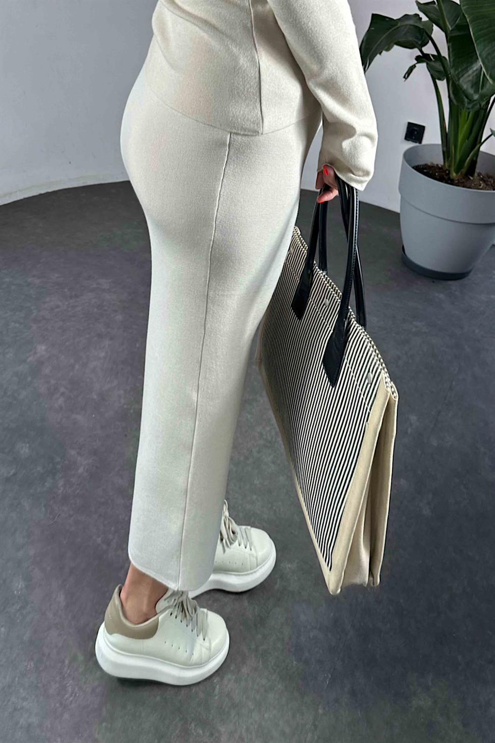 Madonna Yaka Triko Kadın İkili Takım Taş