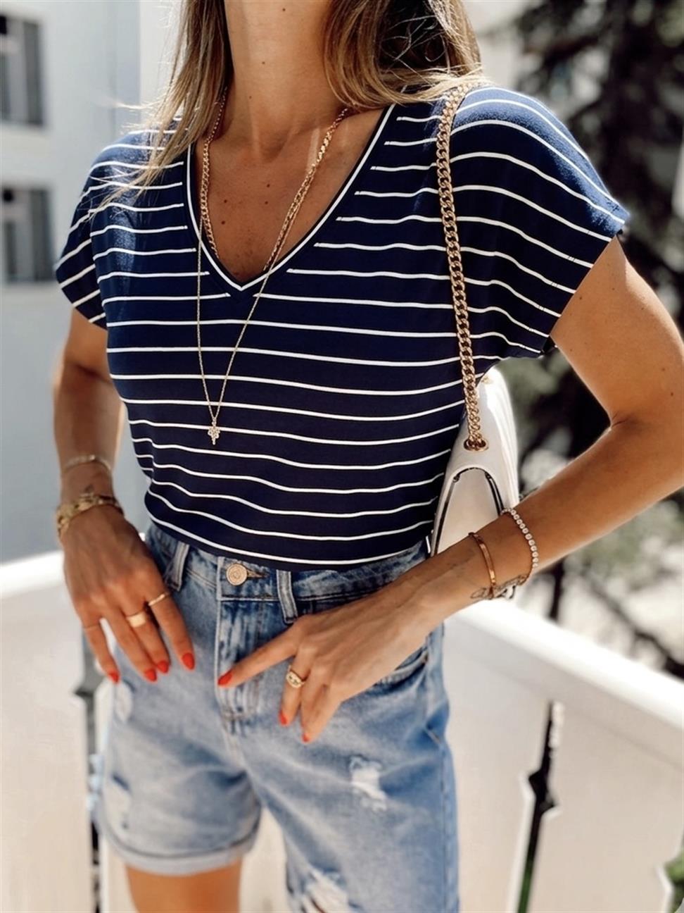 Marine Çizgili V Yaka Soft Basic Tshirt Lacivert