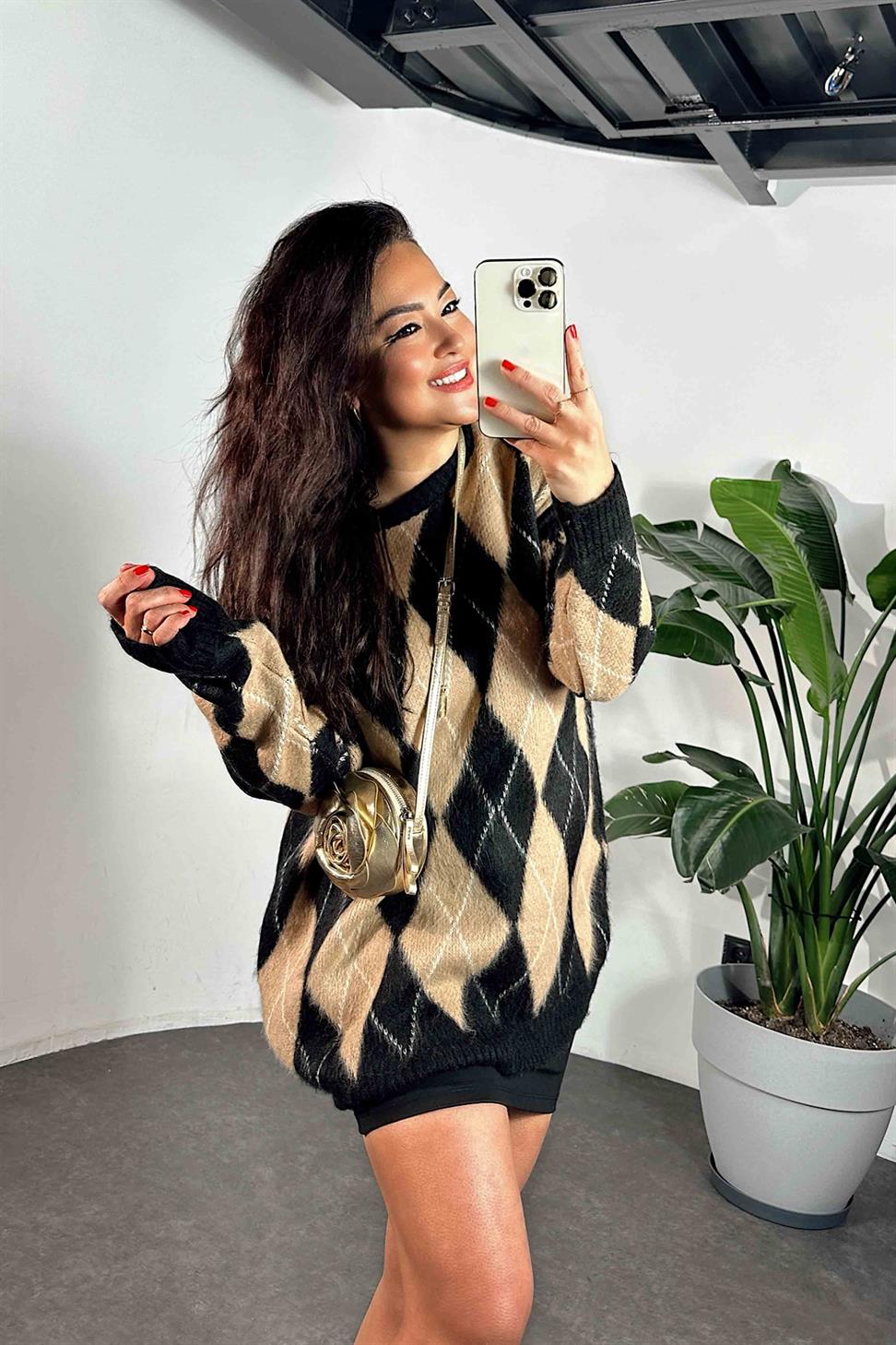 Marka Model Baklava Desen Yumoş Triko Kadın Kazak Sütlü Kahve