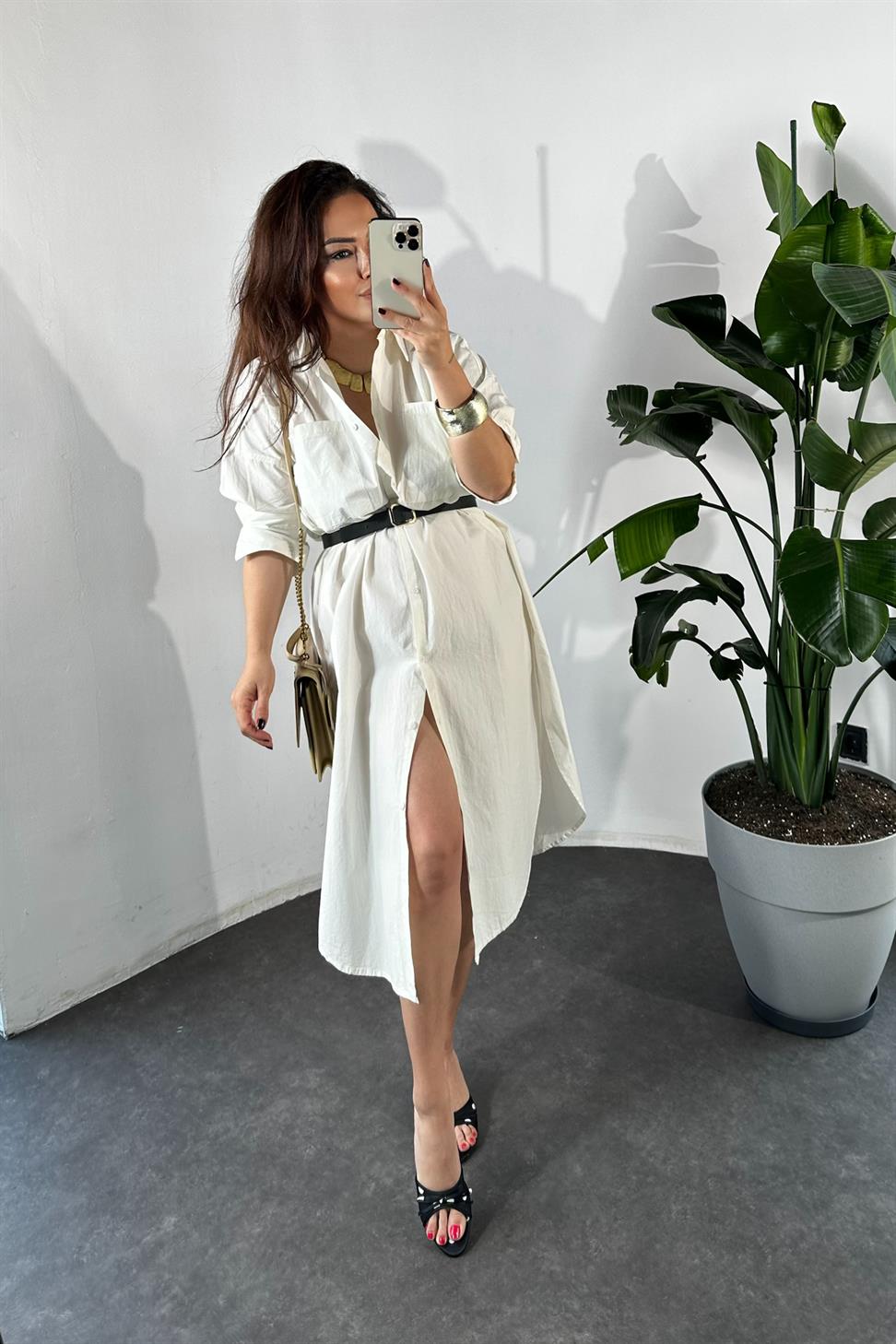 Marka Model Cep Detaylı Gömlek Elbise Ekru