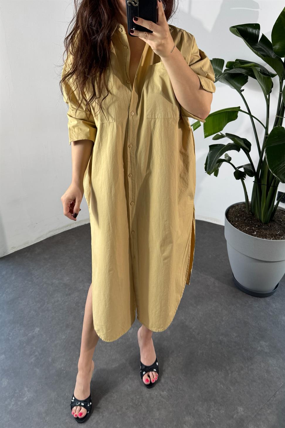 Marka Model Cep Detaylı Gömlek Elbise Camel