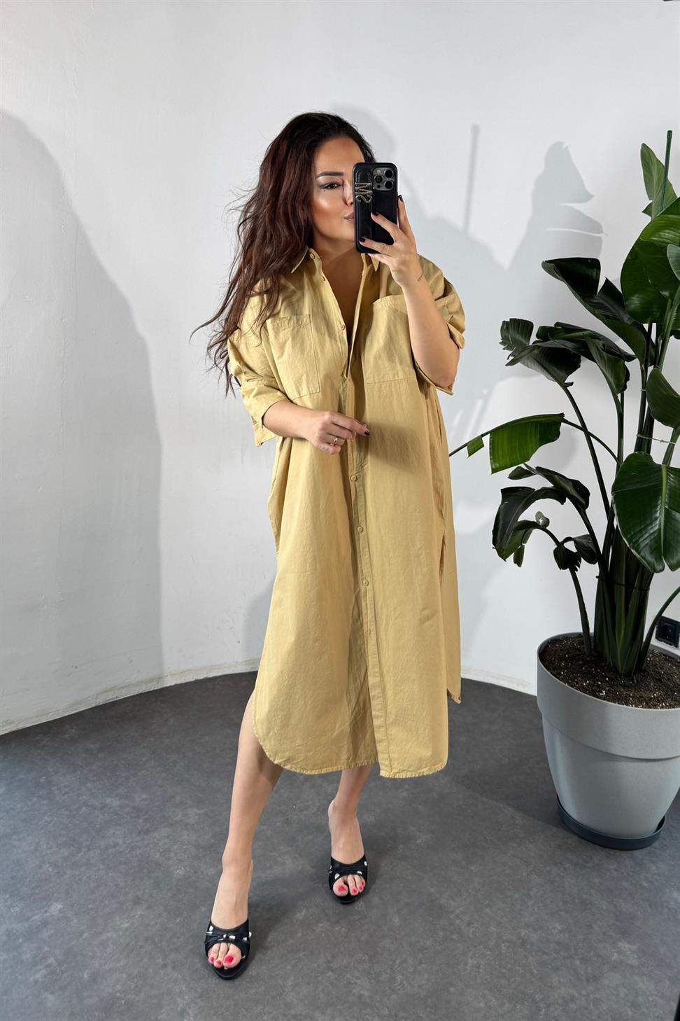 Marka Model Cep Detaylı Gömlek Elbise Camel