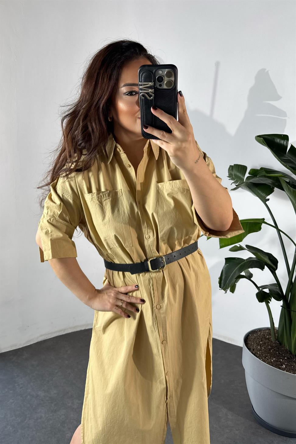 Marka Model Cep Detaylı Gömlek Elbise Camel