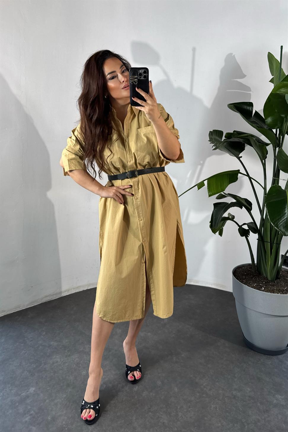 Marka Model Cep Detaylı Gömlek Elbise Camel