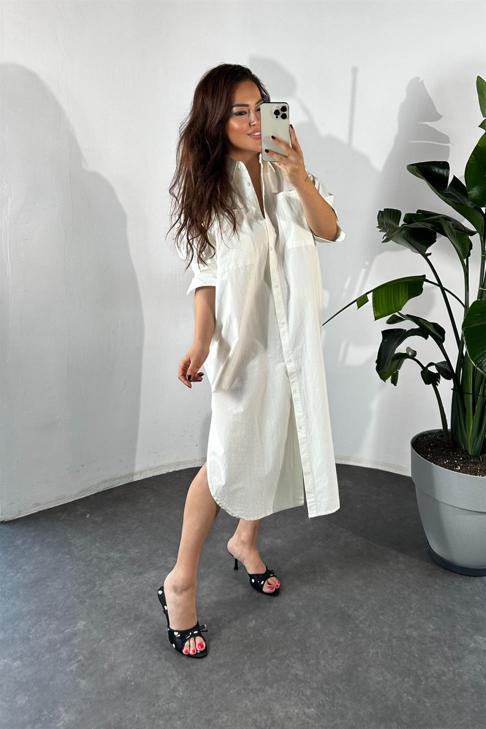 Marka Model Cep Detaylı Gömlek Elbise Ekru