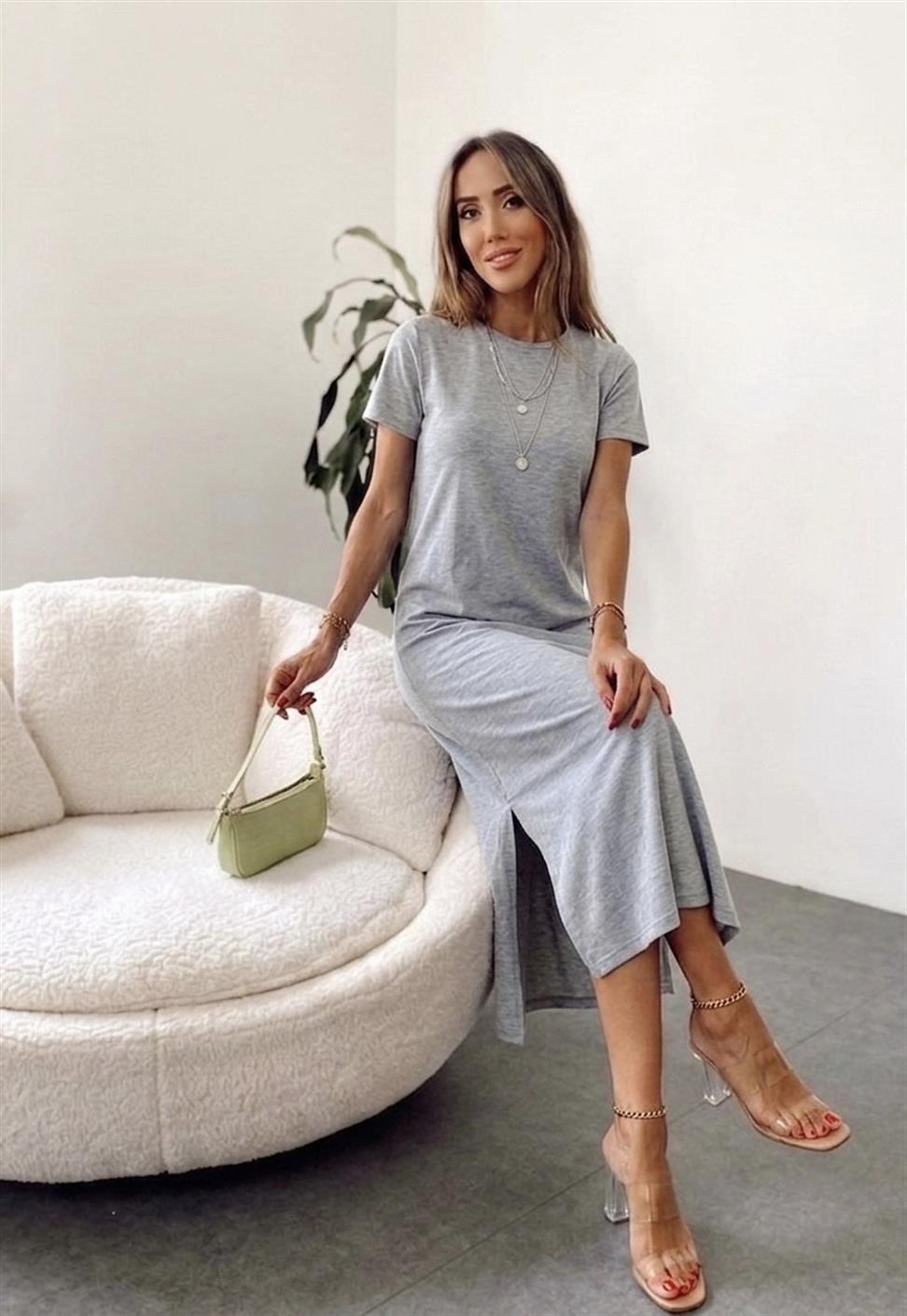 Marka Model Çift Yırtmaçlı Basic Elbise Gri