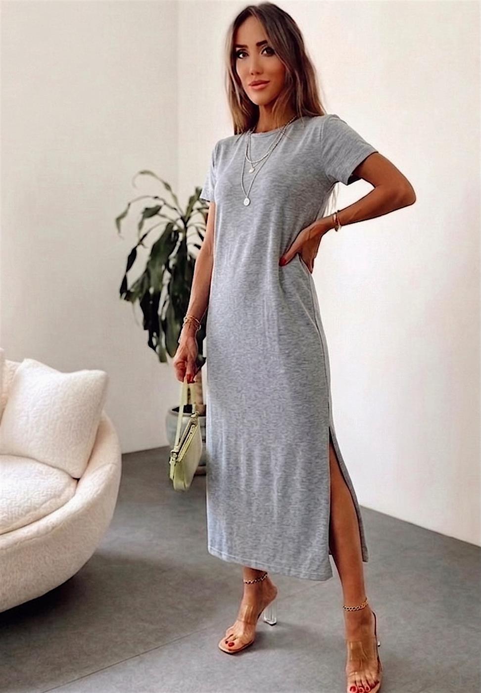 Marka Model Çift Yırtmaçlı Basic Elbise Gri