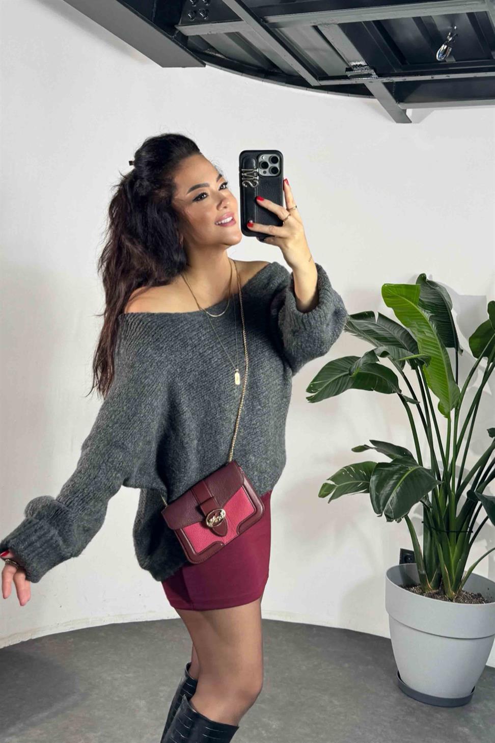 Marka Model Kayık Yaka Duble Kol Yumoş Örme Kazak Antrasit