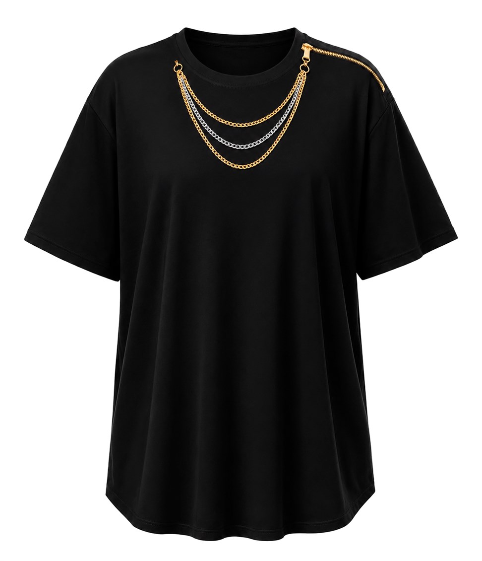 Marka Model Kolye Detaylı Fermuarlı Tshirt Siyah