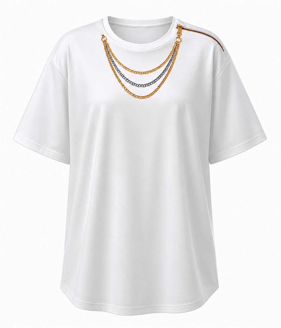 Marka Model Kolye Detaylı Fermuarlı Tshirt Beyaz