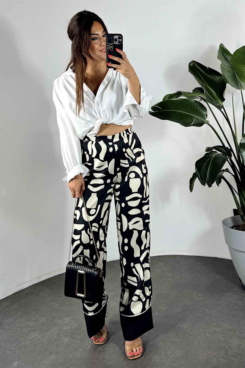 Marka Model Leopar Tasarım Kadın Pantolon Siyah