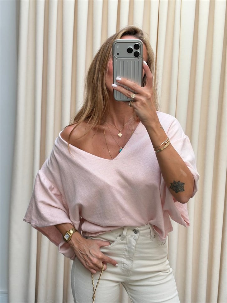 Marka Model Ön Arka V Triko Bluz Toz Pembe