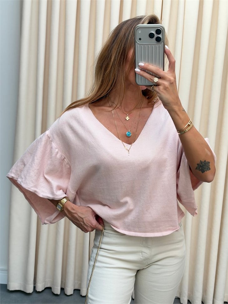 Marka Model Ön Arka V Triko Bluz Toz Pembe
