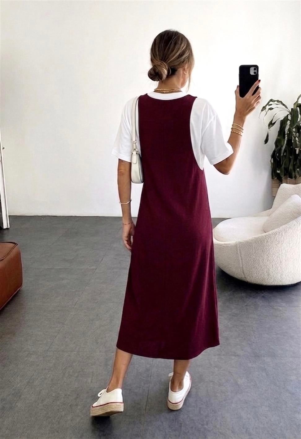 Marka Model Tshirt Detaylı Elbise Bordo