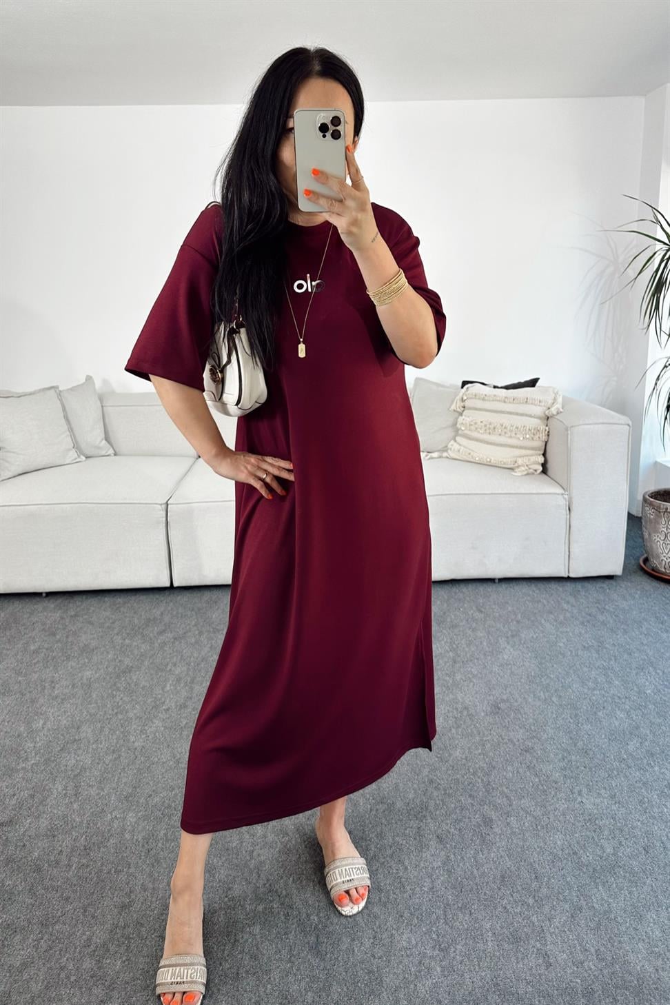 Marka Muadil Oversize Kesim Midi Elbise Bordo