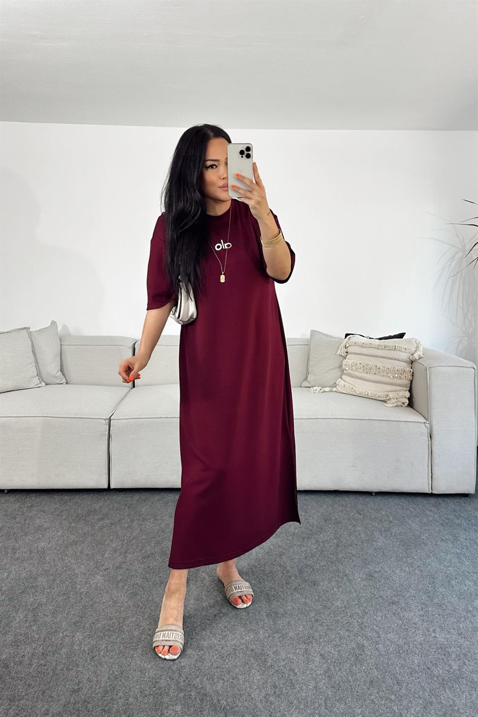 Marka Muadil Oversize Kesim Midi Elbise Bordo