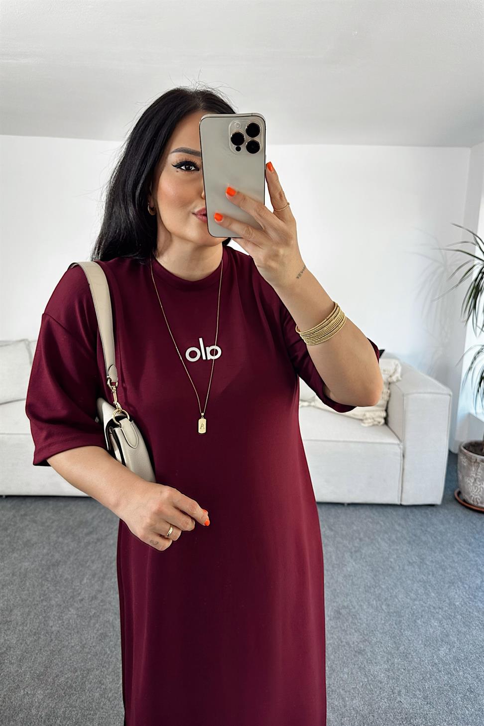 Marka Muadil Oversize Kesim Midi Elbise Bordo