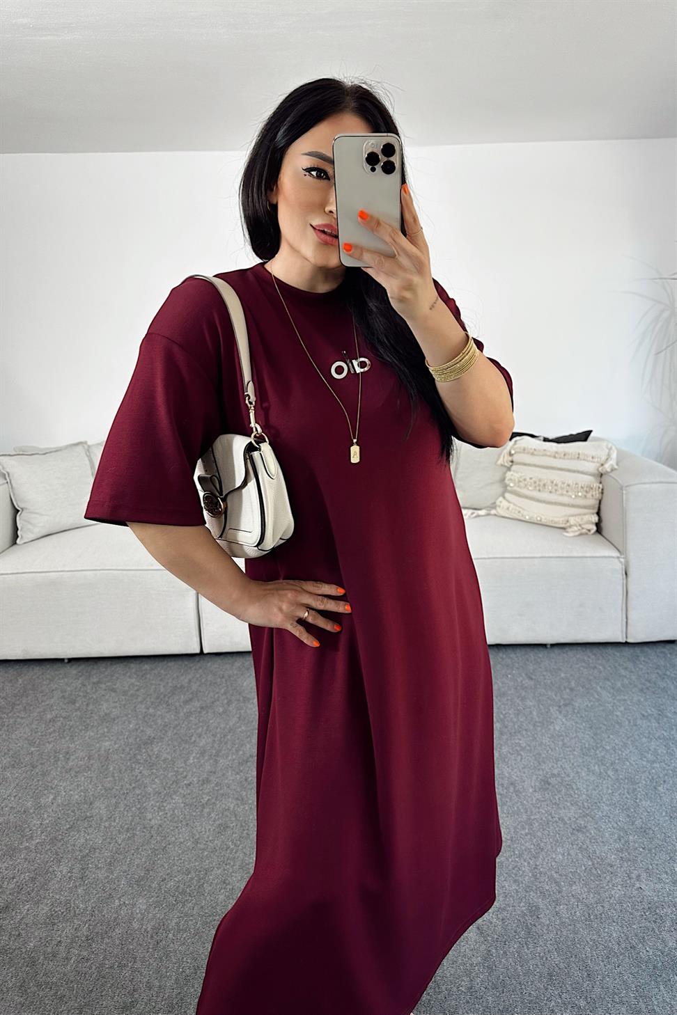 Marka Muadil Oversize Kesim Midi Elbise Bordo
