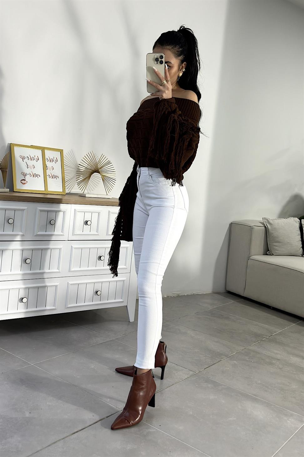 Marka Muadil Yüksek Bel Slim Fit Jean Pantolon Beyaz