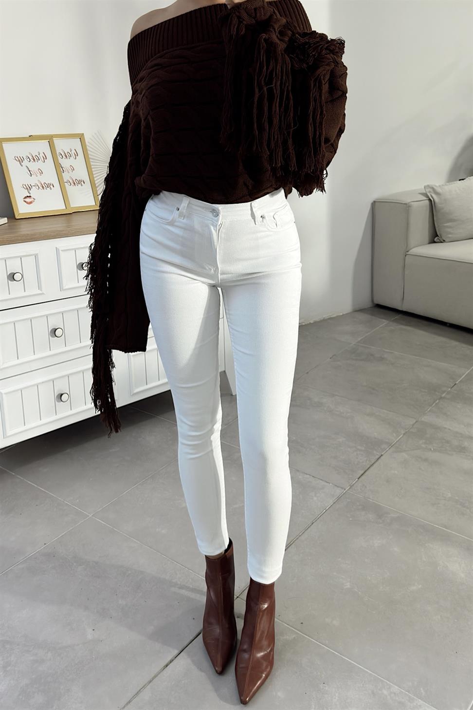 Marka Muadil Yüksek Bel Slim Fit Jean Pantolon Beyaz