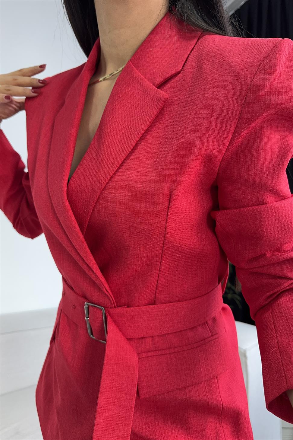 Massi Model Kuşak Bağlamalı Blazer Ceket Kırmızı